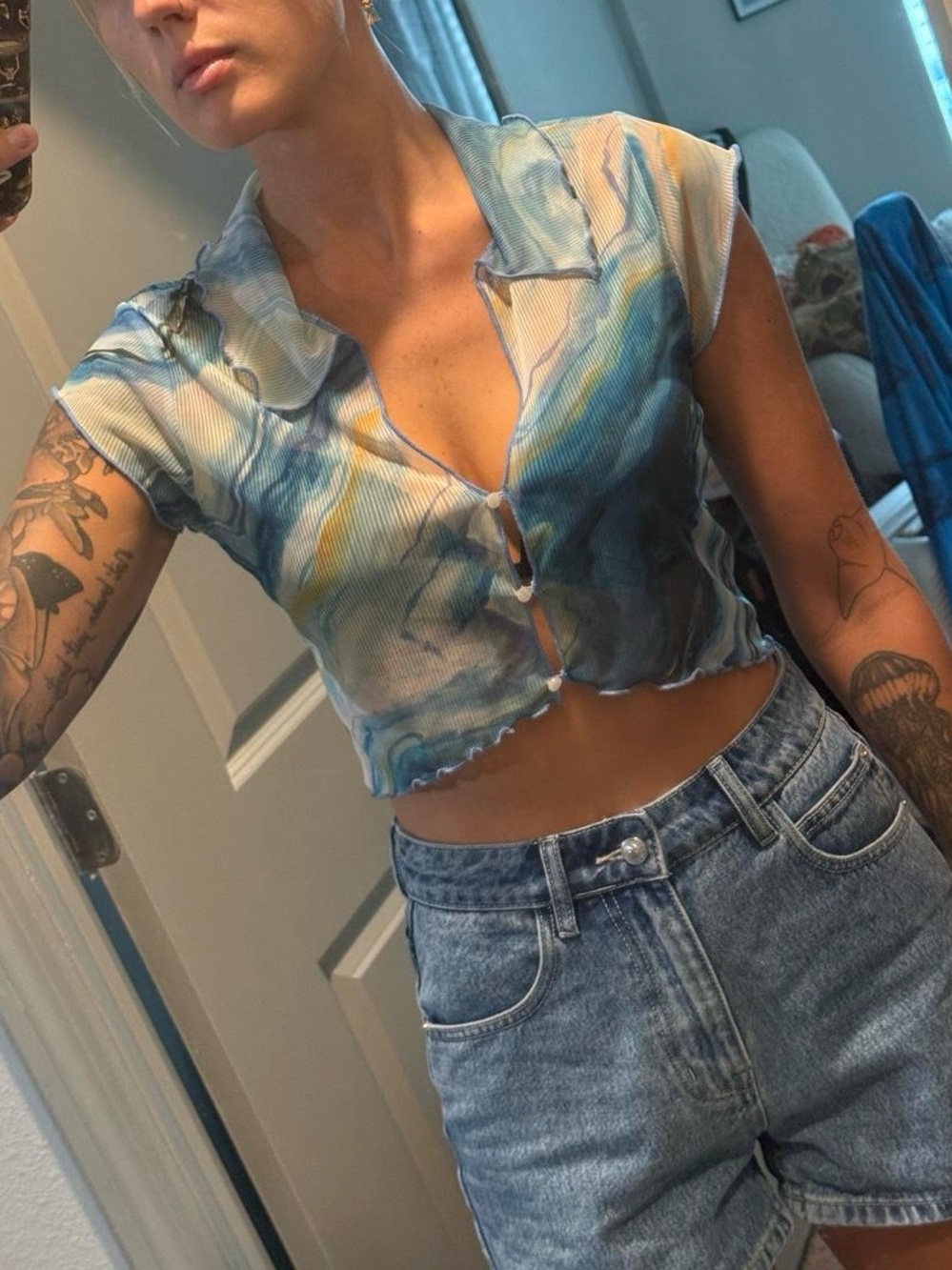 Urban Outfitters Blue Marble Crop Button-Up Top